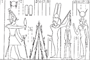 Variant van de ‘klim-ceremonie’ tijdens het Min-feest in de tempel van Horus in Edfu waarbij er 10 klimmers te zien zijn
