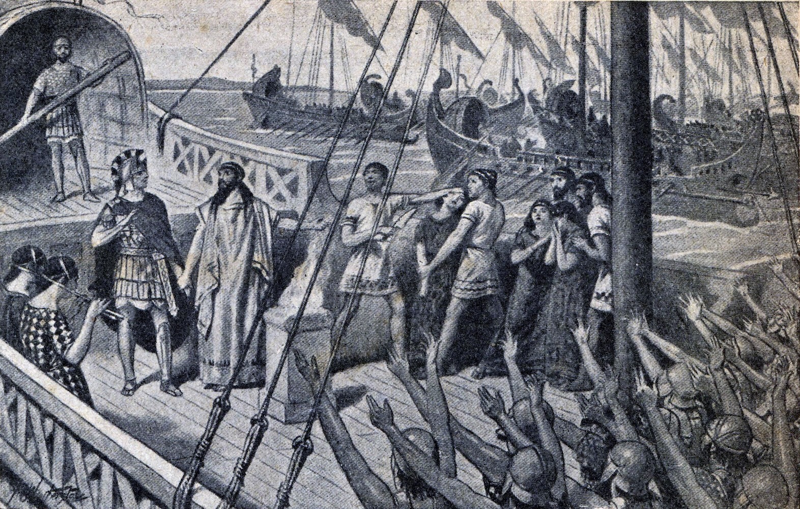 20ste eeuwse tekening van de Atheense generaal Themistocles die een mensenoffer brengt vlak voor de Slag bij Salamis